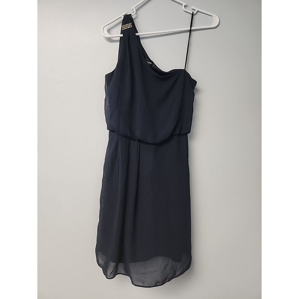 Adrianna Papell Womens 4 Navy Blue Chiffon Dress One Shoulder fit & flare Formal